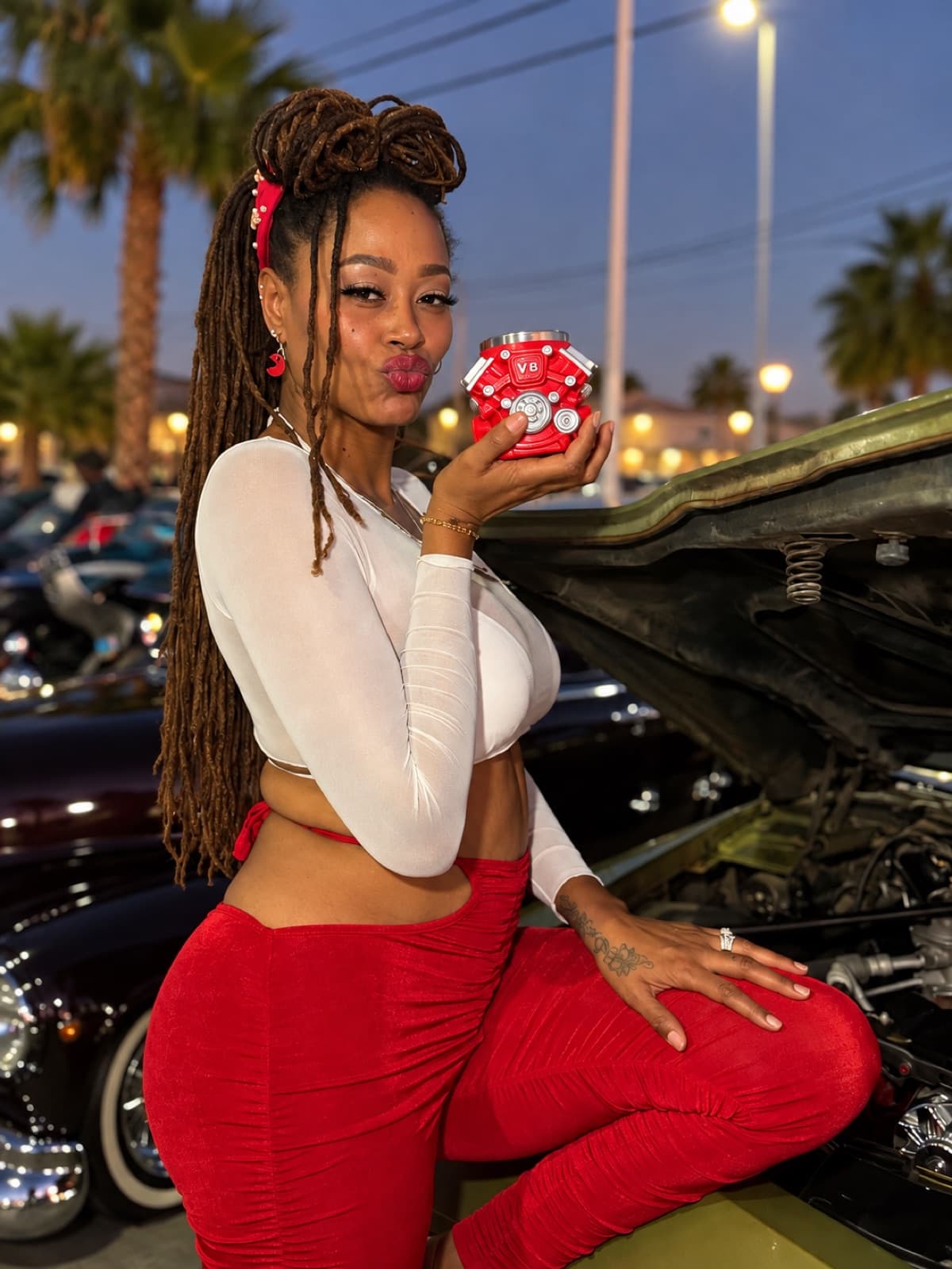 Pinup model posing with a classic car at the Omelet House car show